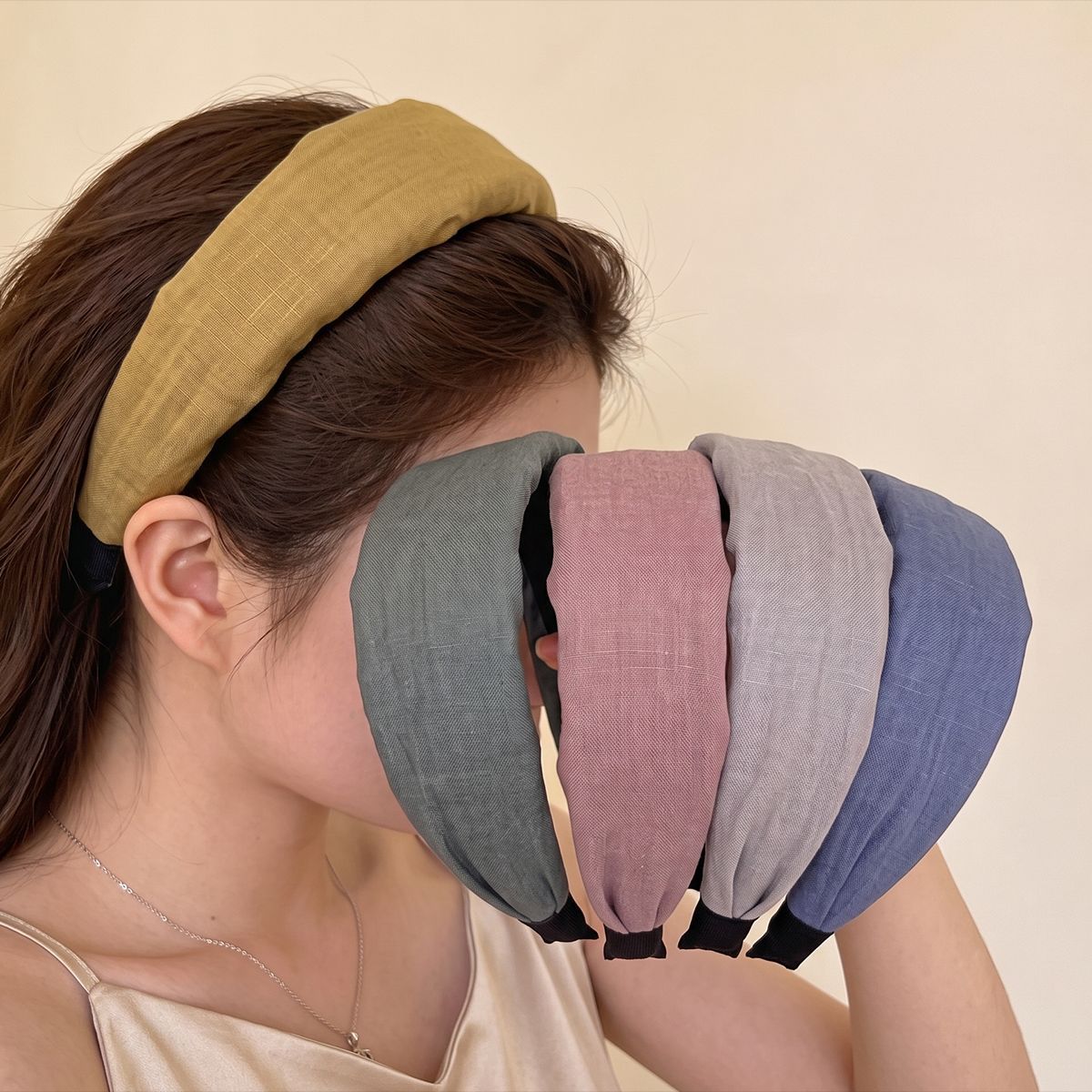 Home Textiles Store - マットなリネンコットンブレンドの柔らかい幅広ヘッドバンド、シンプルで優しいモランディカラー、通勤に便利、滑り止めヘアアクセサリー