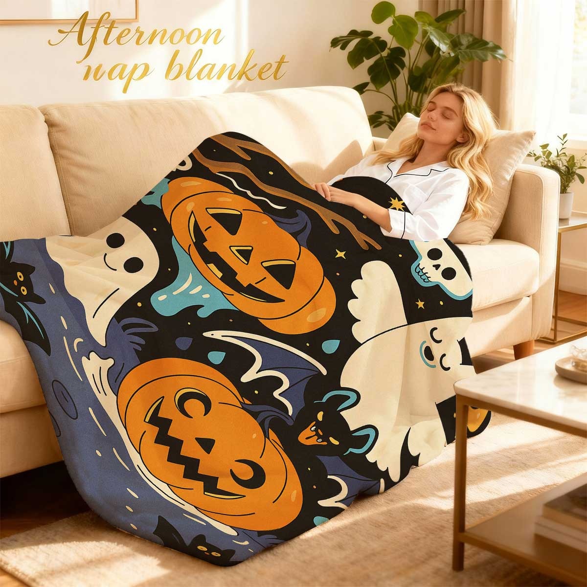 Your Home Textiles - 不気味な幽霊、コウモリ、ジャック・オ・ランタン、魔女が描かれた、柔らかいフランネル製の居心地の良いスローケット。 このオールシーズン対応のベッドスプレッドはしわになりにくく、ソファやカウチに最適で、装飾カバーとしても使え、お手入れも簡単です。
