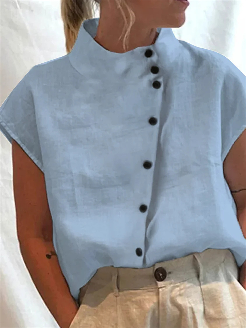 エレガントなコットンリネン素材のスタンドネックシャツ 女性用 - Home Textiles Store のレビューと価格