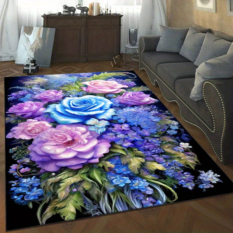 青と紫のバラが描かれた花柄の敷物は、リビングエリアのエレガン - Your Home Textiles のレビューと価格